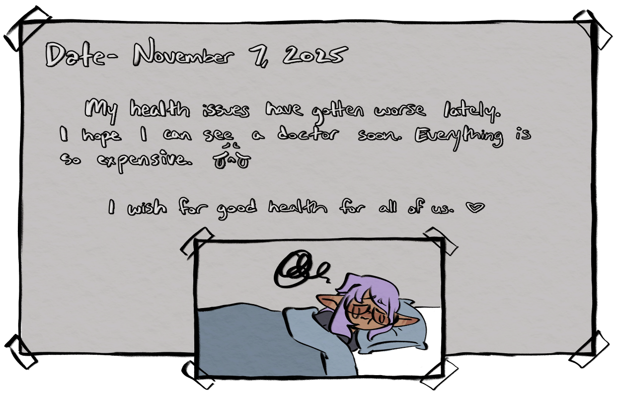 The following is the written text for the journal entry for November 7, 2025. 'My health issues have gotten worse lately. I hope I can see a doctor soon. Everything is so expensive. I wish for good health for all of us.' There is a drawn picture of Cheesecakee lying in bed.